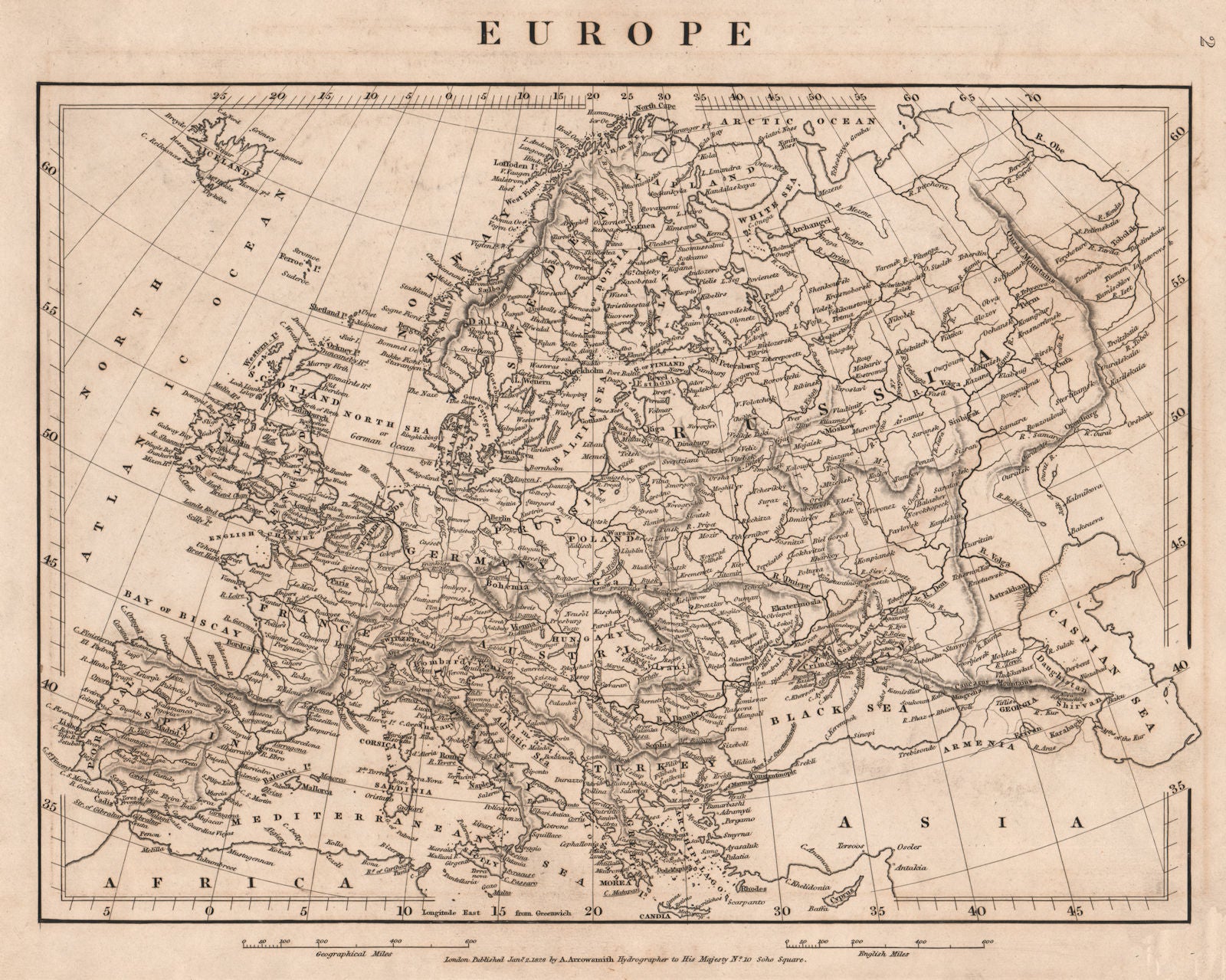 EUROPE. Map of Europe. Original outline colour. ARROWSMITH 1828 old